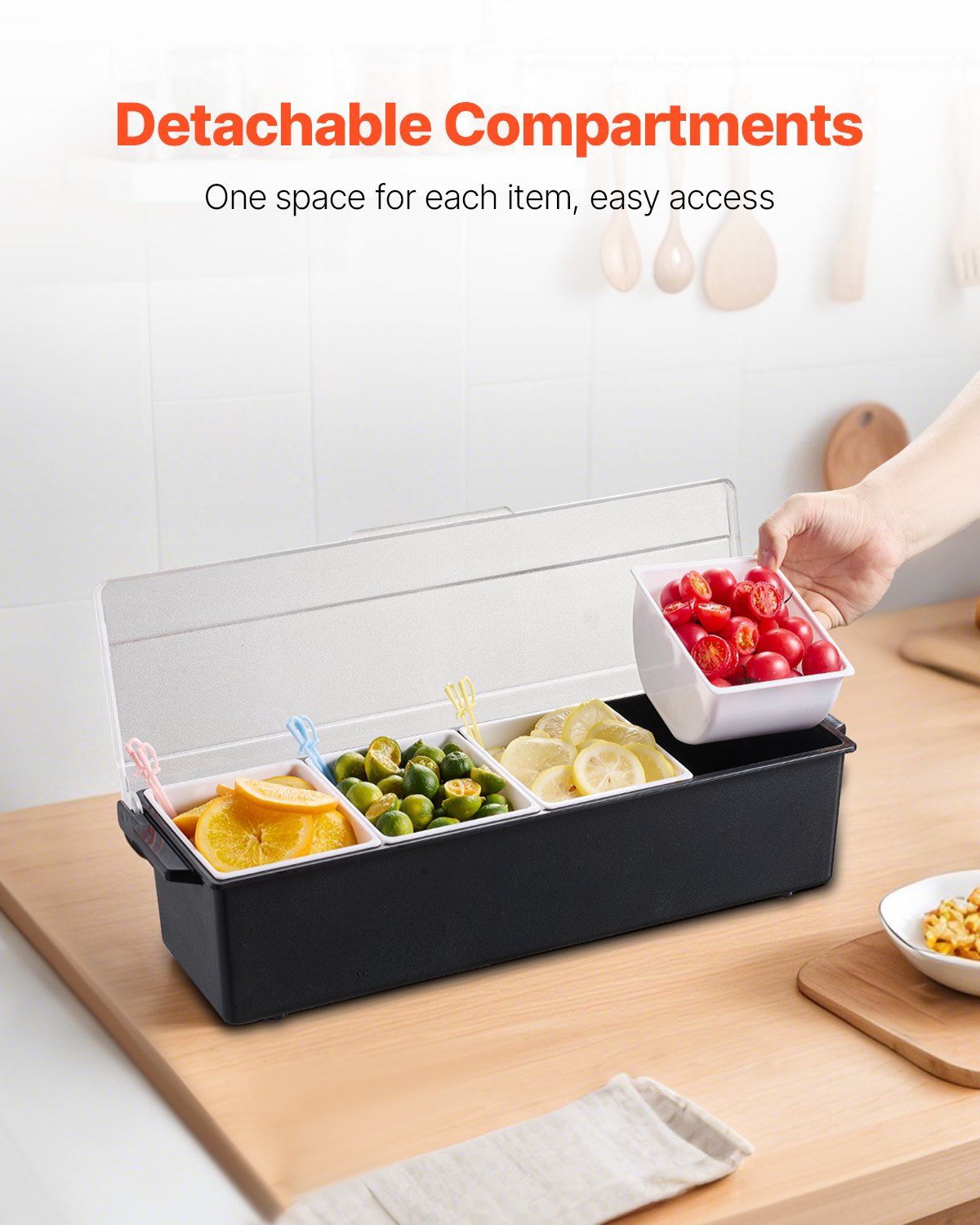 VEVOR Chilled Condiment Server 4 Compartment Cold Serving Tray with Clear Lid