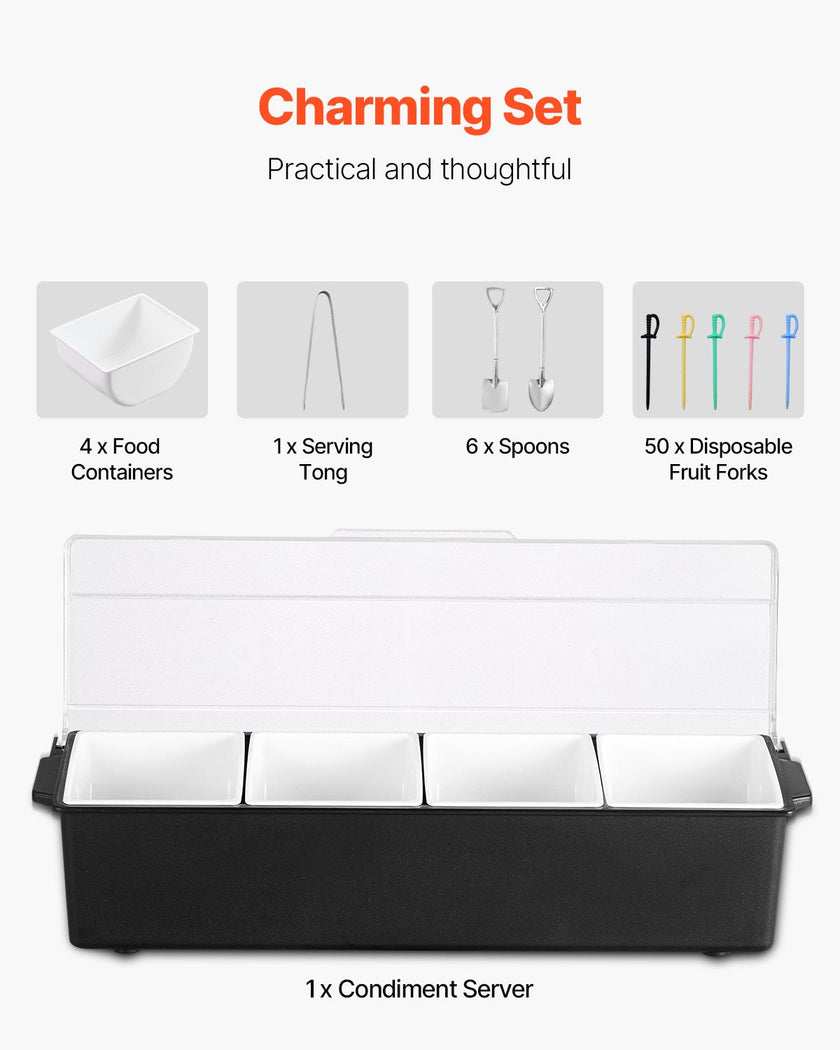 VEVOR Chilled Condiment Server 4 Compartment Cold Serving Tray with Clear Lid