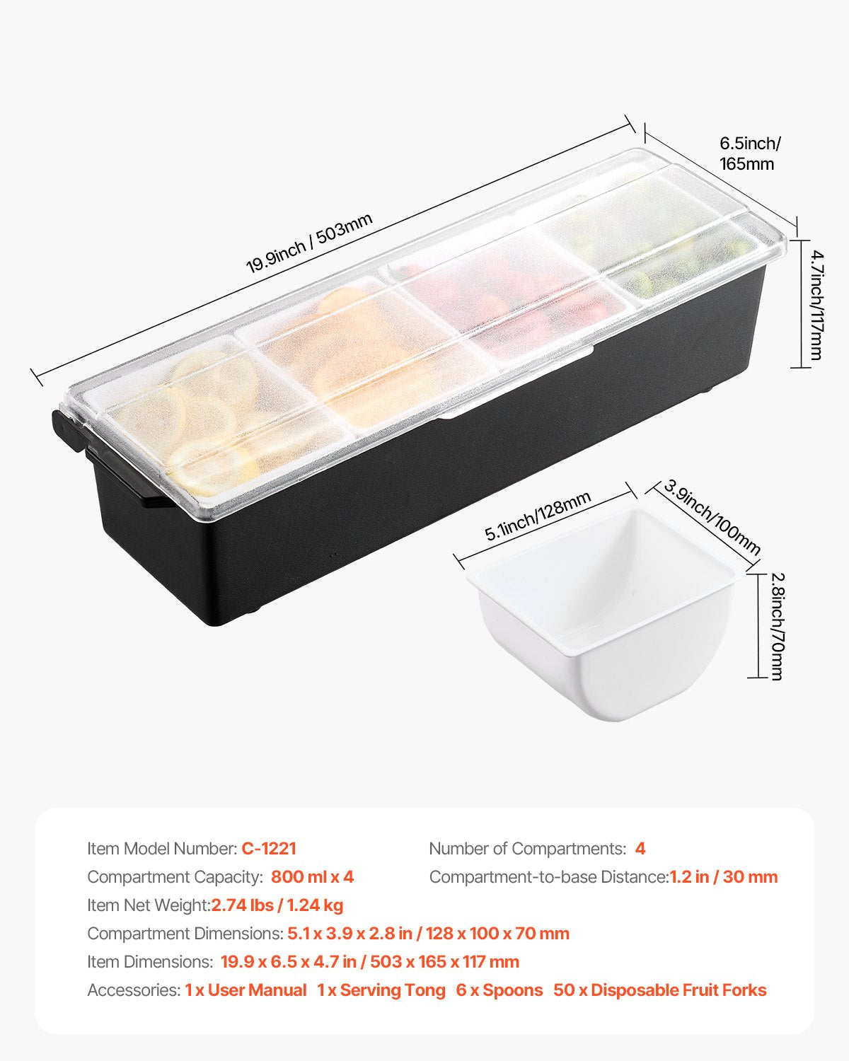 VEVOR Chilled Condiment Server 4 Compartment Cold Serving Tray with Clear Lid