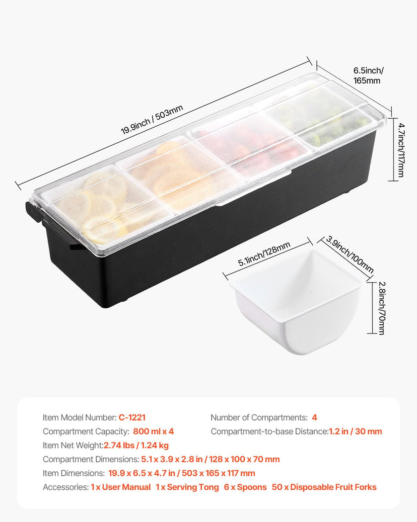 VEVOR Chilled Condiment Server 4 Compartment Cold Serving Tray with Clear Lid