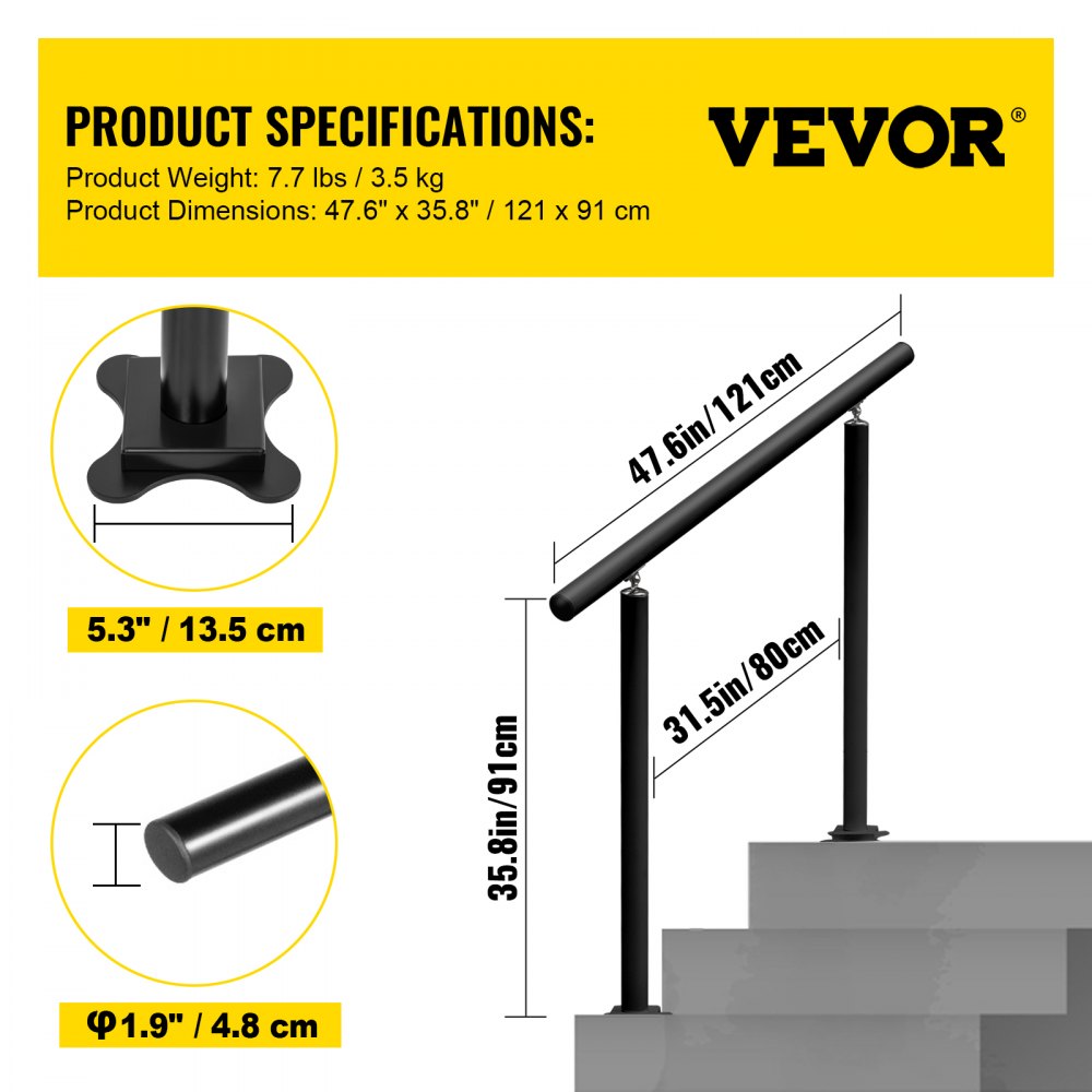 Handrail Outdoor Stairs 4 ft Changeable Iron Handrail Black Steps Rail Rustproof