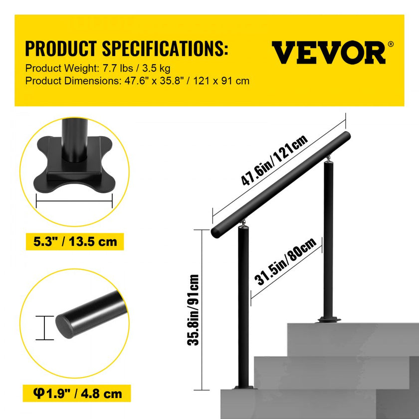 Handrail Outdoor Stairs 4 ft Changeable Iron Handrail Black Steps Rail Rustproof