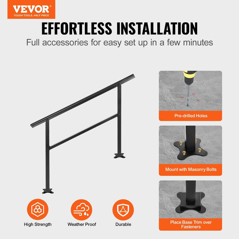 Handrail Outdoor Stairs, Outdoor Handrail 48 x 35.5 Inch Black Fits 1/2/3 Steps