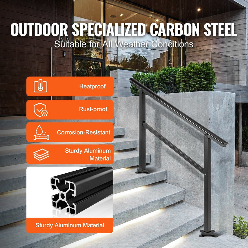 Handrail Outdoor Stairs, Outdoor Handrail 48 x 35.5 Inch Black Fits 1/2/3 Steps