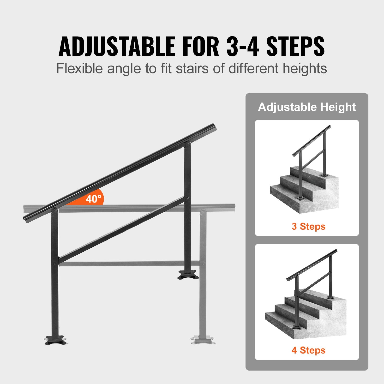 Handrail Outdoor Stairs, Outdoor Handrail 48 x 35.5 Inch Black Fits 1/2/3 Steps