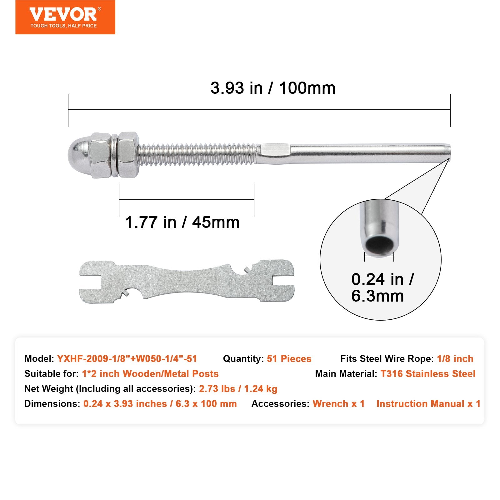 VEVOR 51 Pack Cable Railing Swage Threaded Stud Tension End Fitting Terminal for 1/8