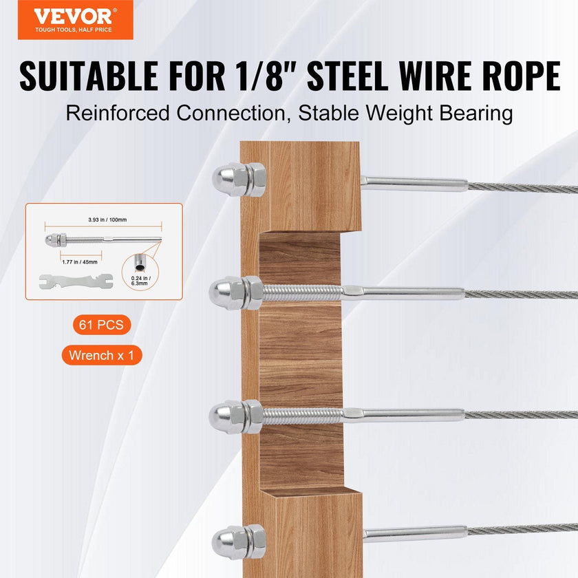 VEVOR 61 Pack Cable Railing Swage Threaded Stud Tension End Fitting Terminal for 1/8
