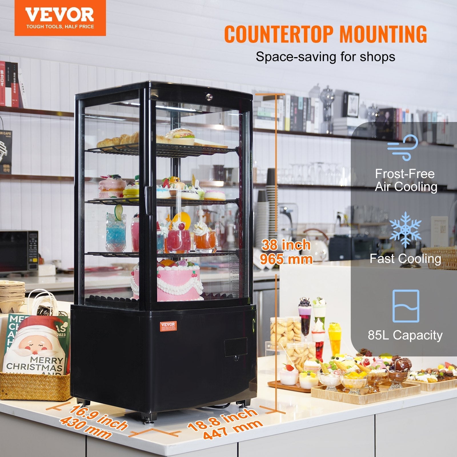 VEVOR Refrigerated Display Case, 3 Cu.Ft./85L, 3-Tier, Countertop Pastry Display Case Commercial Display Refrigerator with LED Lighting, TURBO Cooling, Frost-Free Air-Cooling, Locked Door for Bakery