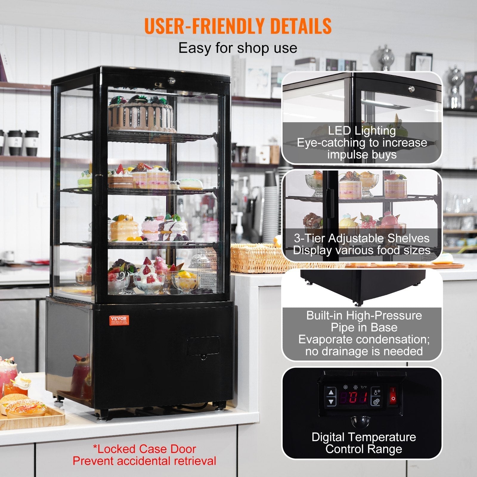 VEVOR Refrigerated Display Case, 3 Cu.Ft./85L, 3-Tier, Countertop Pastry Display Case Commercial Display Refrigerator with LED Lighting, TURBO Cooling, Frost-Free Air-Cooling, Locked Door for Bakery