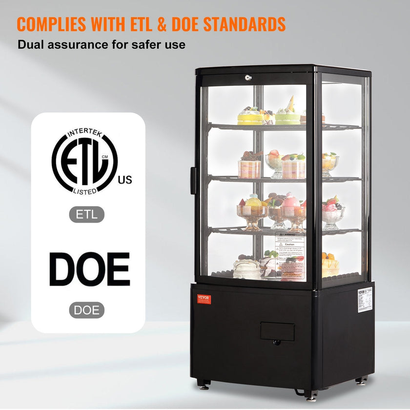 VEVOR Refrigerated Display Case, 3 Cu.Ft./85L, 3-Tier, Countertop Pastry Display Case Commercial Display Refrigerator with LED Lighting, TURBO Cooling, Frost-Free Air-Cooling, Locked Door for Bakery