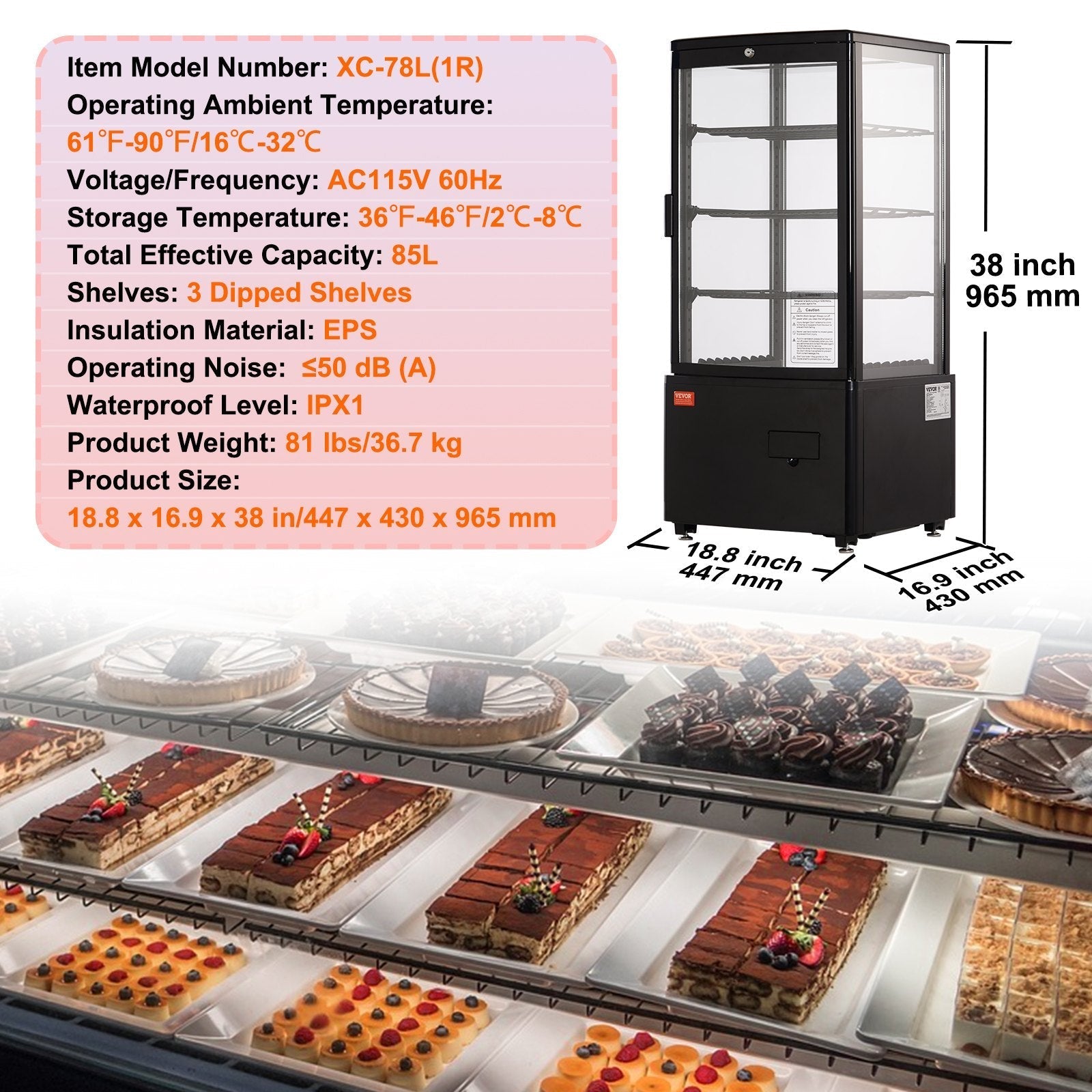 VEVOR Refrigerated Display Case, 3 Cu.Ft./85L, 3-Tier, Countertop Pastry Display Case Commercial Display Refrigerator with LED Lighting, TURBO Cooling, Frost-Free Air-Cooling, Locked Door for Bakery