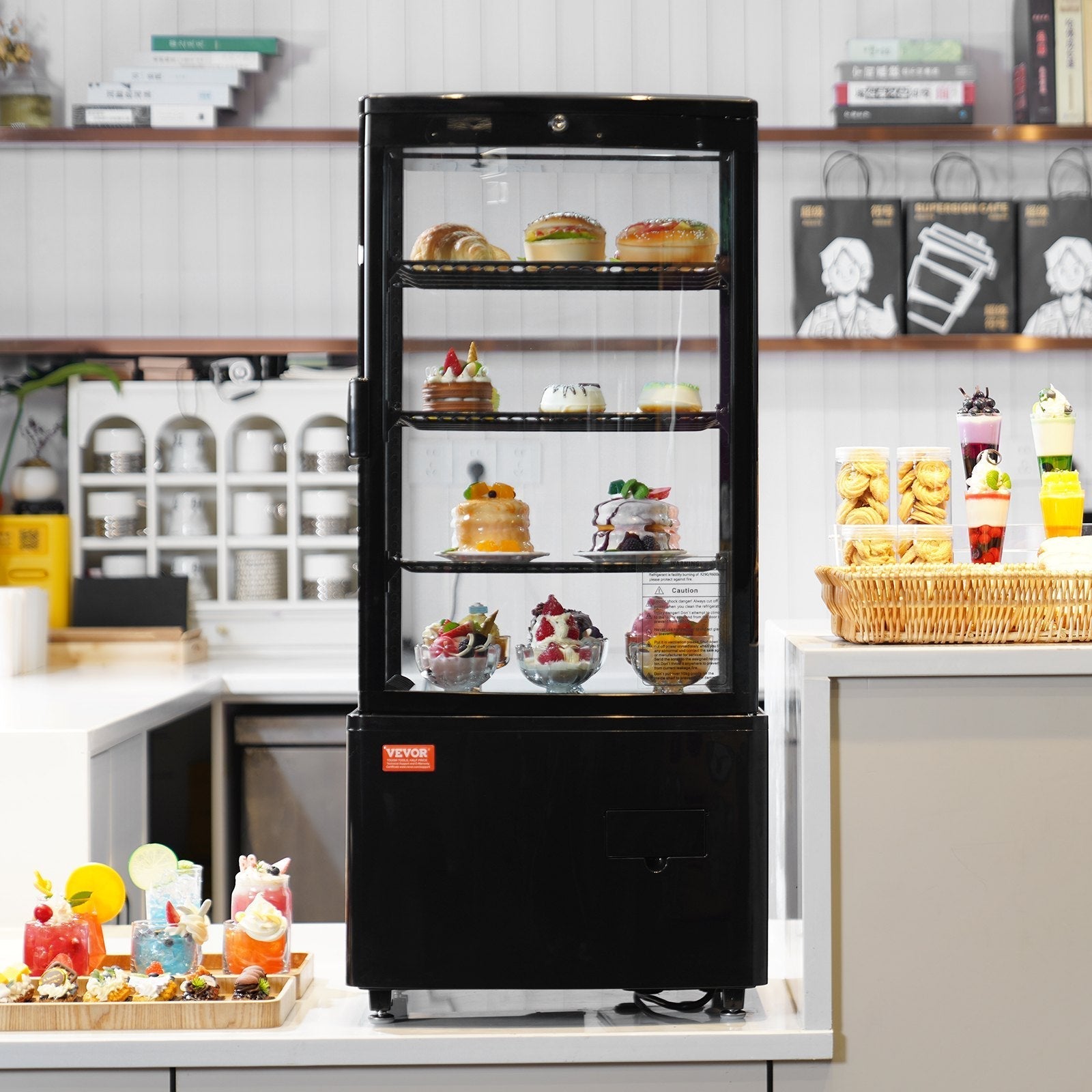 VEVOR Refrigerated Display Case, 3 Cu.Ft./85L, 3-Tier, Countertop Pastry Display Case Commercial Display Refrigerator with LED Lighting, TURBO Cooling, Frost-Free Air-Cooling, Locked Door for Bakery