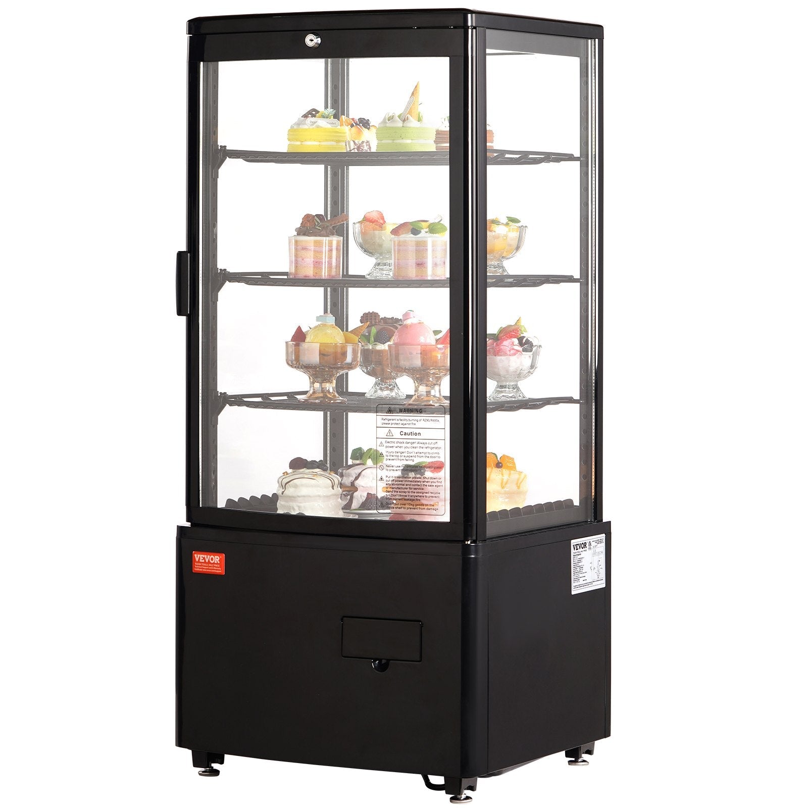 VEVOR Refrigerated Display Case, 3 Cu.Ft./85L, 3-Tier, Countertop Pastry Display Case Commercial Display Refrigerator with LED Lighting, TURBO Cooling, Frost-Free Air-Cooling, Locked Door for Bakery
