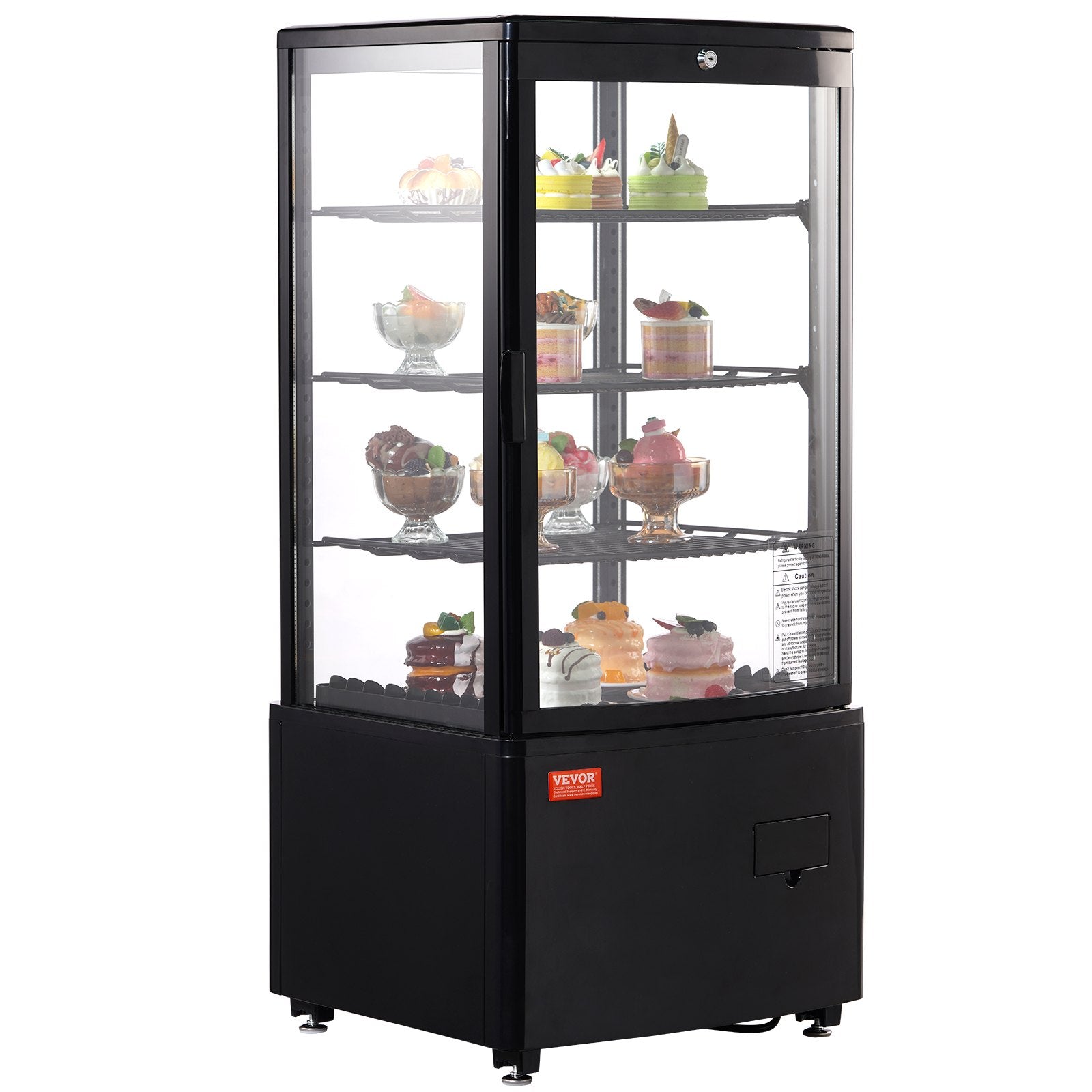 VEVOR Refrigerated Display Case, 3 Cu.Ft./85L, 3-Tier, Countertop Pastry Display Case Commercial Display Refrigerator with LED Lighting, TURBO Cooling, Frost-Free Air-Cooling, Locked Door for Bakery