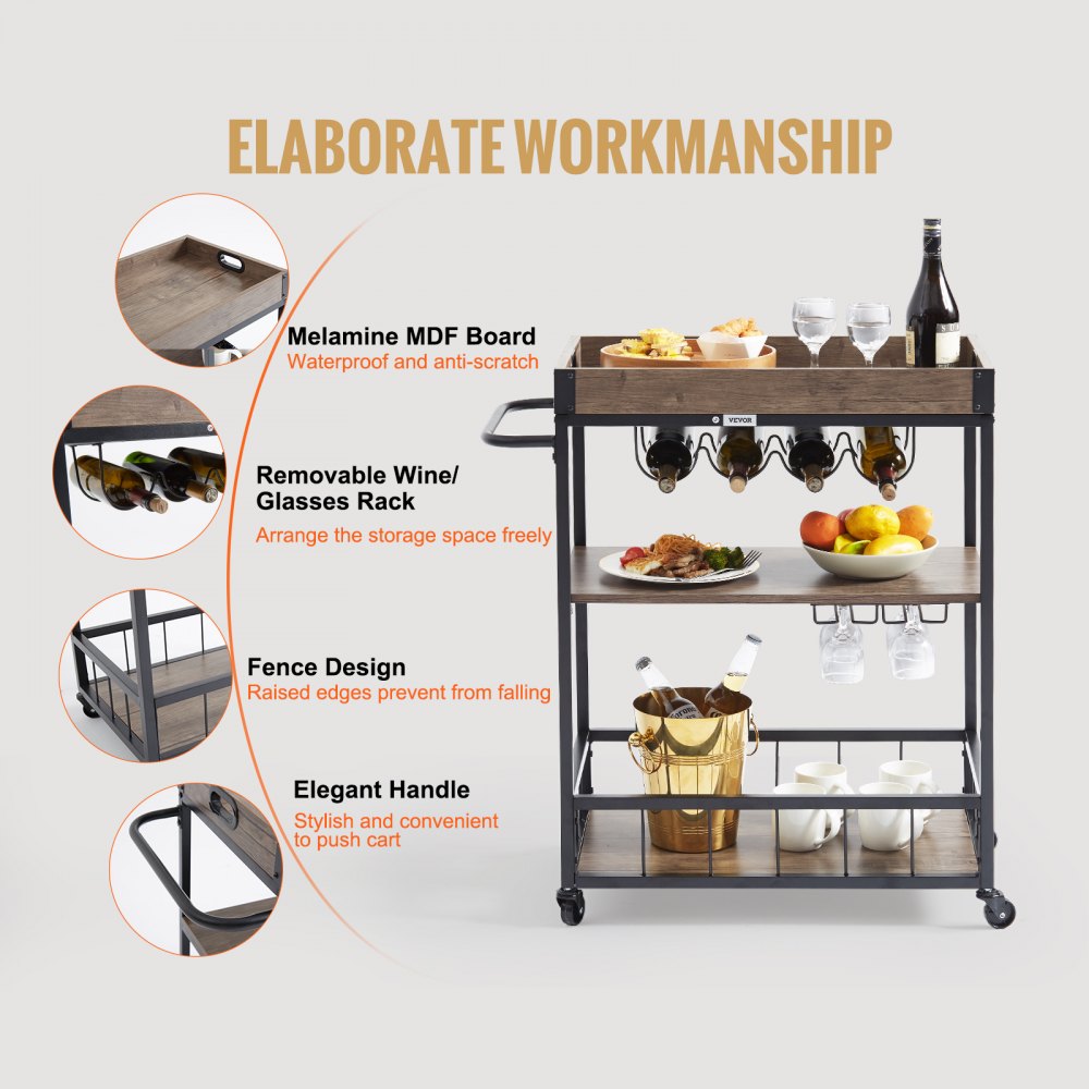 VEVOR 3-Tier Bar Serving Cart Rolling Trolley with Wine Grid Glass Holder 110LBS