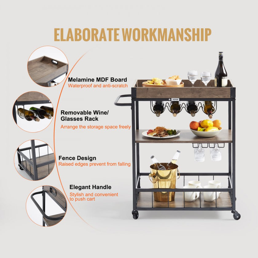 VEVOR 3-Tier Bar Serving Cart Rolling Trolley with Wine Grid Glass Holder 110LBS