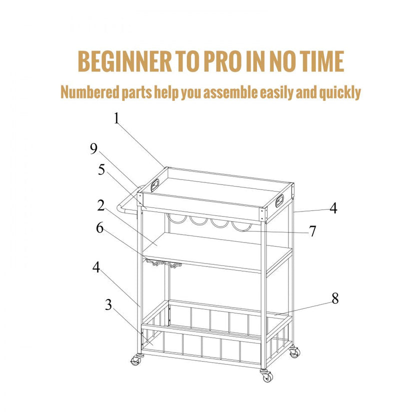 VEVOR 3-Tier Bar Serving Cart Rolling Trolley with Wine Grid Glass Holder 110LBS
