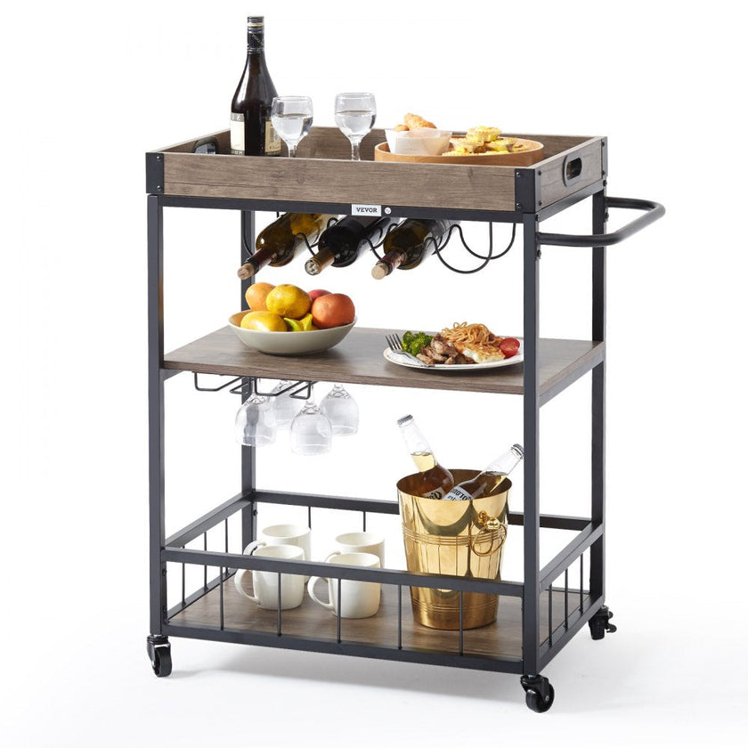VEVOR 3-Tier Bar Serving Cart Rolling Trolley with Wine Grid Glass Holder 110LBS