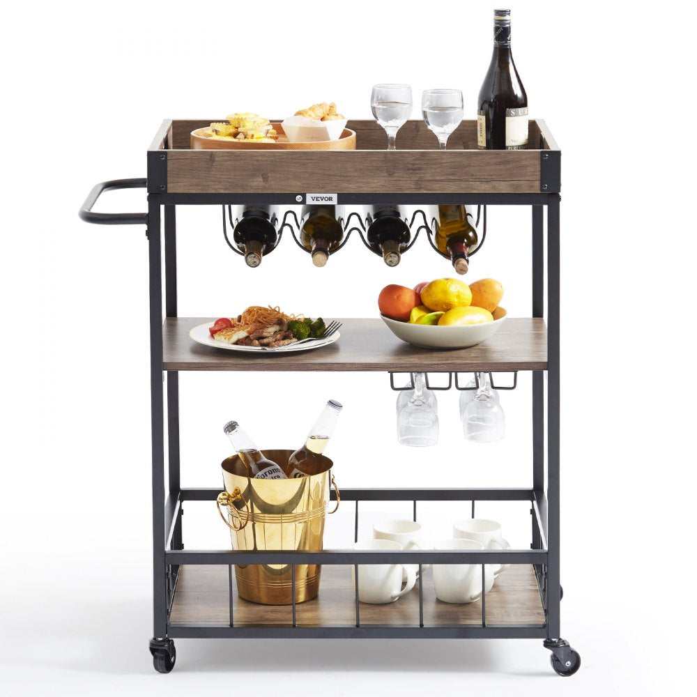 VEVOR 3-Tier Bar Serving Cart Rolling Trolley with Wine Grid Glass Holder 110LBS