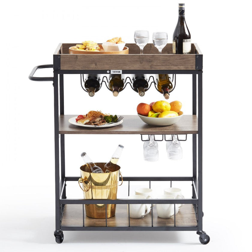 VEVOR 3-Tier Bar Serving Cart Rolling Trolley with Wine Grid Glass Holder 110LBS