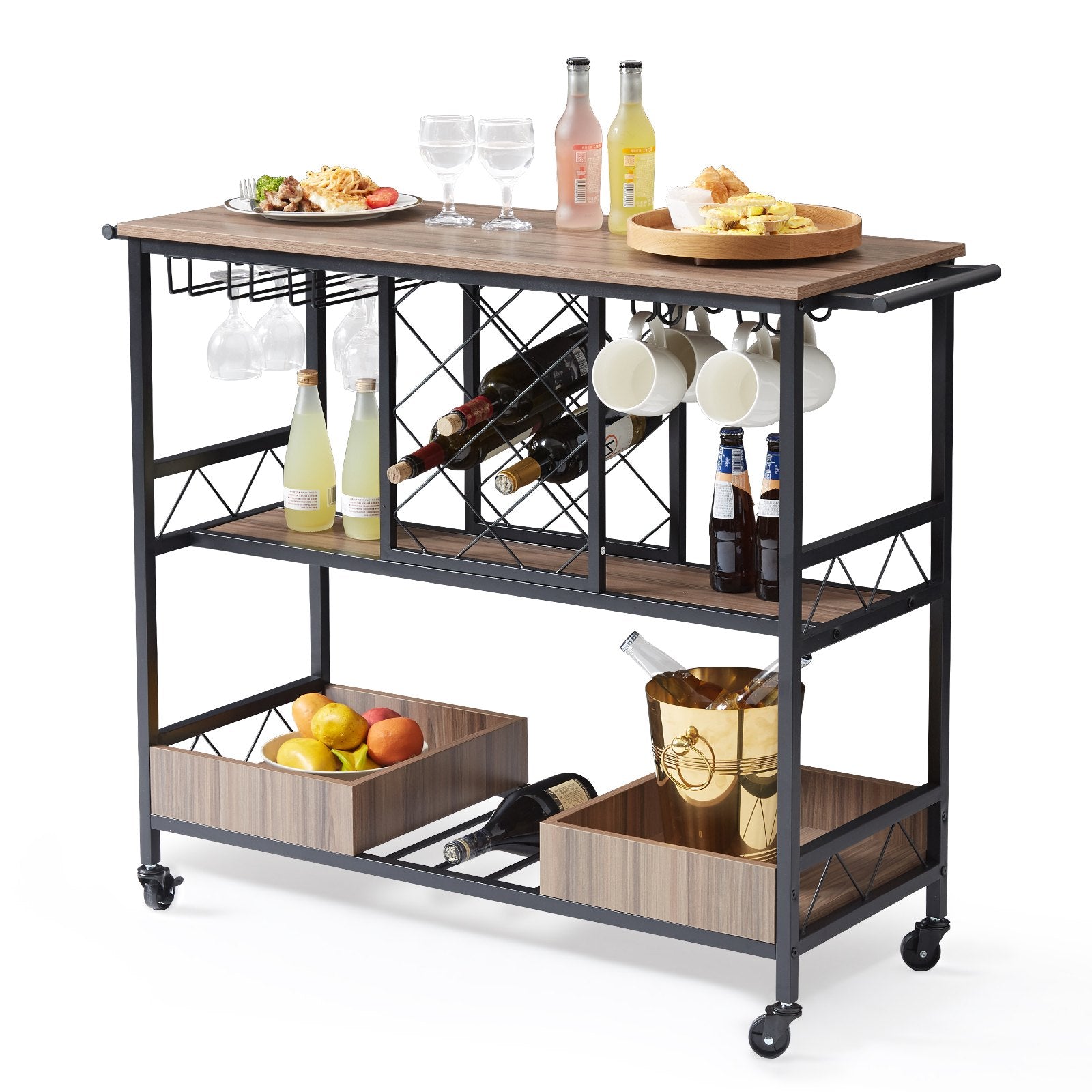 VEVOR Bar Cart, Home Serving Cart, 3 Tiers 300 LBS Industrial Rolling Beverage Station on Lockable Wheels, Mobile Alcohol Drink Cart with Removable Tray Wine Rack Glass Holder for Kitchen Dining Room