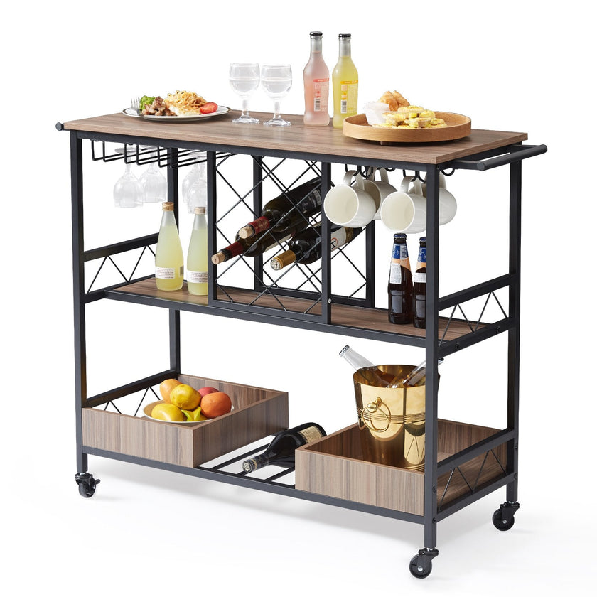 VEVOR Bar Cart, Home Serving Cart, 3 Tiers 300 LBS Industrial Rolling Beverage Station on Lockable Wheels, Mobile Alcohol Drink Cart with Removable Tray Wine Rack Glass Holder for Kitchen Dining Room