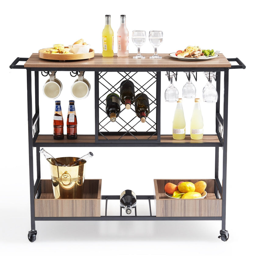 VEVOR Bar Cart, Home Serving Cart, 3 Tiers 300 LBS Industrial Rolling Beverage Station on Lockable Wheels, Mobile Alcohol Drink Cart with Removable Tray Wine Rack Glass Holder for Kitchen Dining Room
