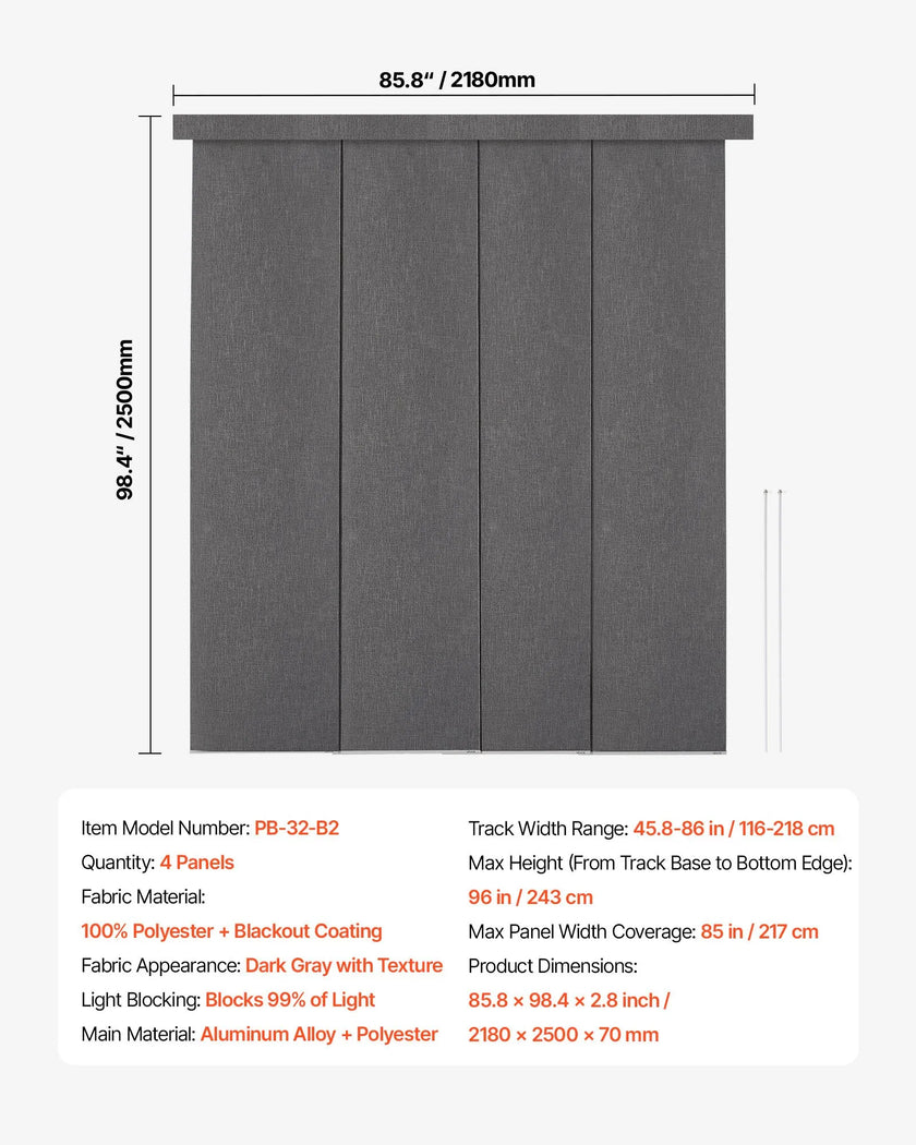 VEVOR Panel Track Blinds Extendable Track 45.8 in to 86 in W Trimmable Dark Gray