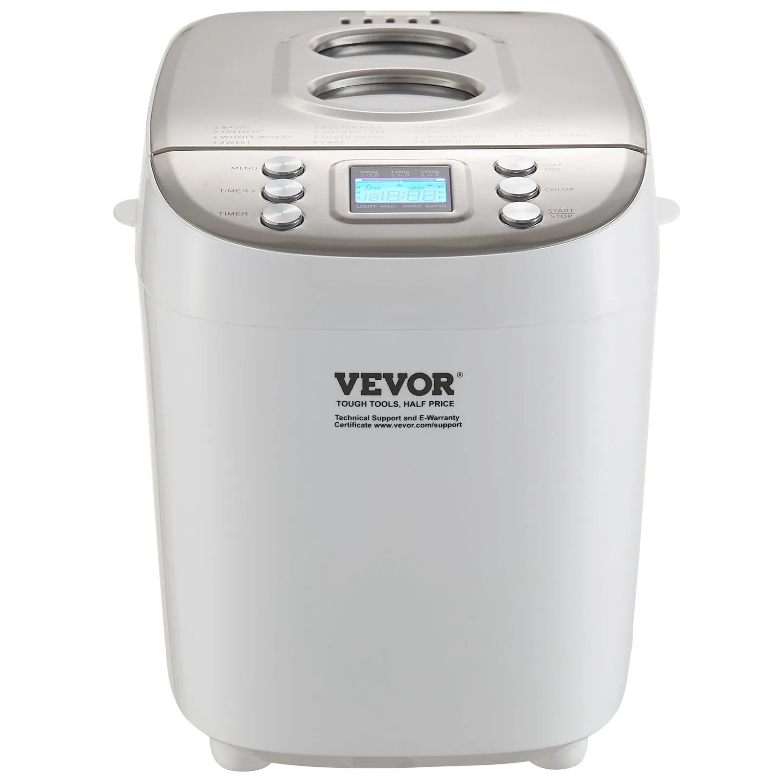 VEVOR Bread Maker, 15-in-1 3LB Dough Machine, Nonstick Ceramic Pan Automatic Breadmaker with Gluten Free Setting, Whole Wheat Bread Making, Digital, Programmable, 3 Loaf Sizes, 3 Crust Colors, White