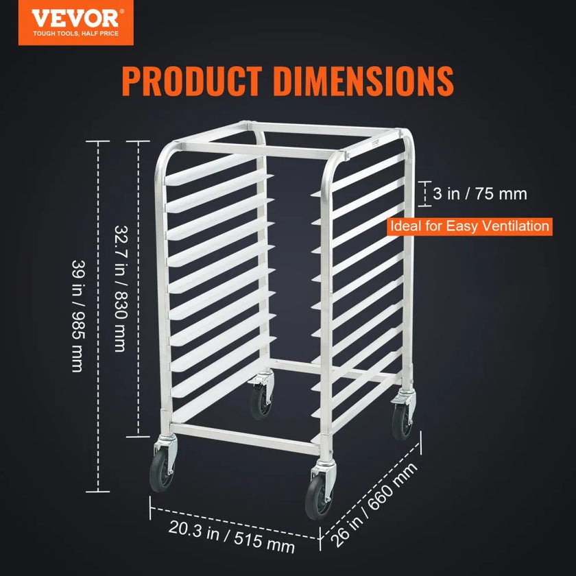 VEVOR Bun Pan Rack, 10-Tier Commercial Bakery Racks with Brake Wheels, Aluminum Racking Trolley Storage for Half & Full Sheet, Speed Rack For Kitchen Home, Bread Baking Equipment, 26\