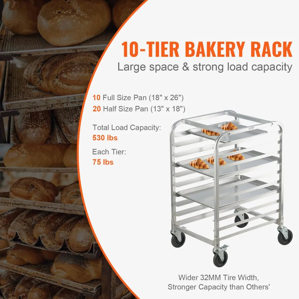 VEVOR Bun Pan Rack, 10-Tier Commercial Bakery Racks with Brake Wheels, Aluminum Racking Trolley Storage for Half & Full Sheet, Speed Rack For Kitchen Home, Bread Baking Equipment, 26\