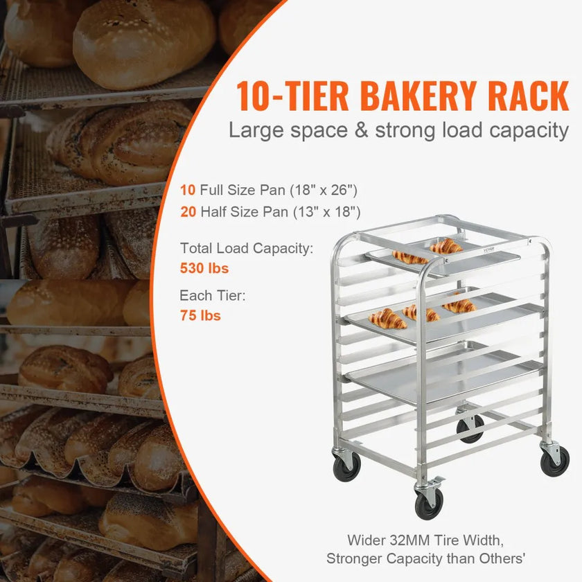 VEVOR Bun Pan Rack, 10-Tier Commercial Bakery Racks with Brake Wheels, Aluminum Racking Trolley Storage for Half & Full Sheet, Speed Rack For Kitchen Home, Bread Baking Equipment, 26\