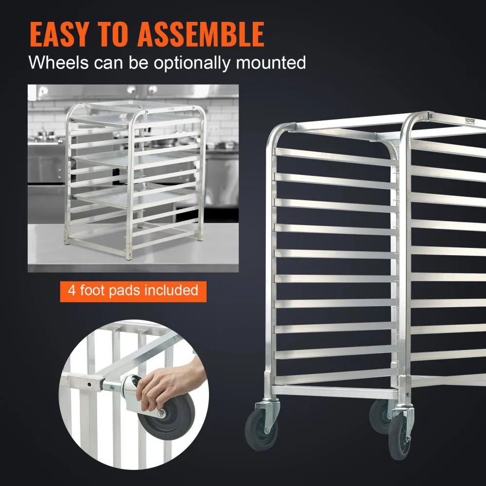 VEVOR Bun Pan Rack, 10-Tier Commercial Bakery Racks with Brake Wheels, Aluminum Racking Trolley Storage for Half & Full Sheet, Speed Rack For Kitchen Home, Bread Baking Equipment, 26\