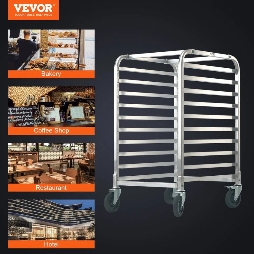 VEVOR Bun Pan Rack, 10-Tier Commercial Bakery Racks with Brake Wheels, Aluminum Racking Trolley Storage for Half & Full Sheet, Speed Rack For Kitchen Home, Bread Baking Equipment, 26\