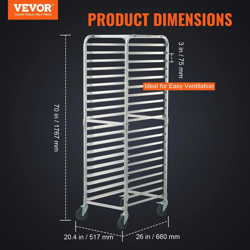 VEVOR Bun Pan Rack, 20-Tier Commercial Bakery Racks with Brake Wheels, Aluminum Racking Trolley Storage for Half & Full Sheet, Speed Rack For Kitchen Home, Bread Baking Equipment, 26\