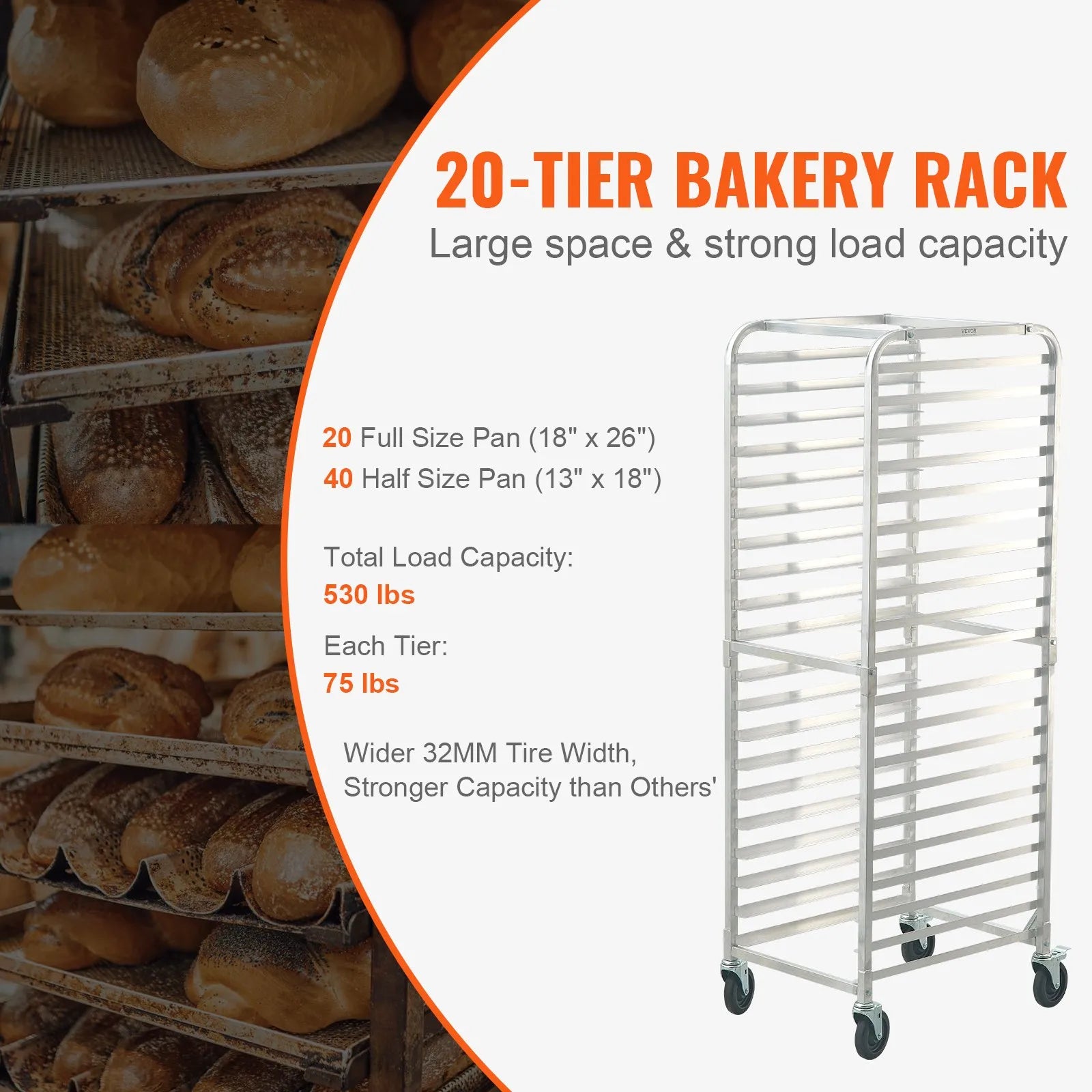 VEVOR Bun Pan Rack, 20-Tier Commercial Bakery Racks with Brake Wheels, Aluminum Racking Trolley Storage for Half & Full Sheet, Speed Rack For Kitchen Home, Bread Baking Equipment, 26\