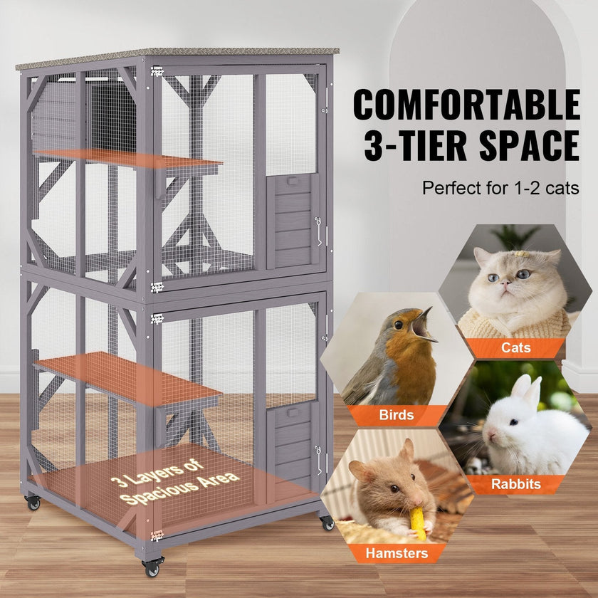 VEVOR Cat House Outdoor, 3-Tier Large Catio, Cat Enclosure with 360° Rotating Casters, 2 Platforms, A Resting Box and Large Front Door, 29.9 x 34 x 64.1 inch