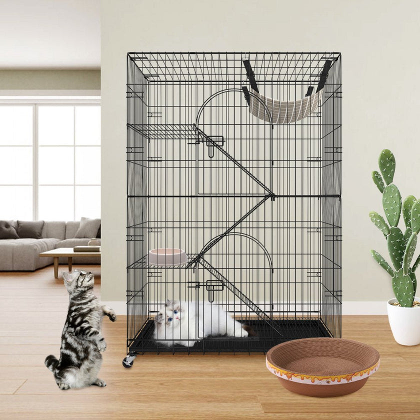 VEVOR Catio, 4-Tier Large Cat Cages Indoor, Detachable Metal Playpen Enclosure with 360° Rotating Casters, with 3 Ladders and a Hammock for 1-3 Cats, 35.4x23.6x51 inch