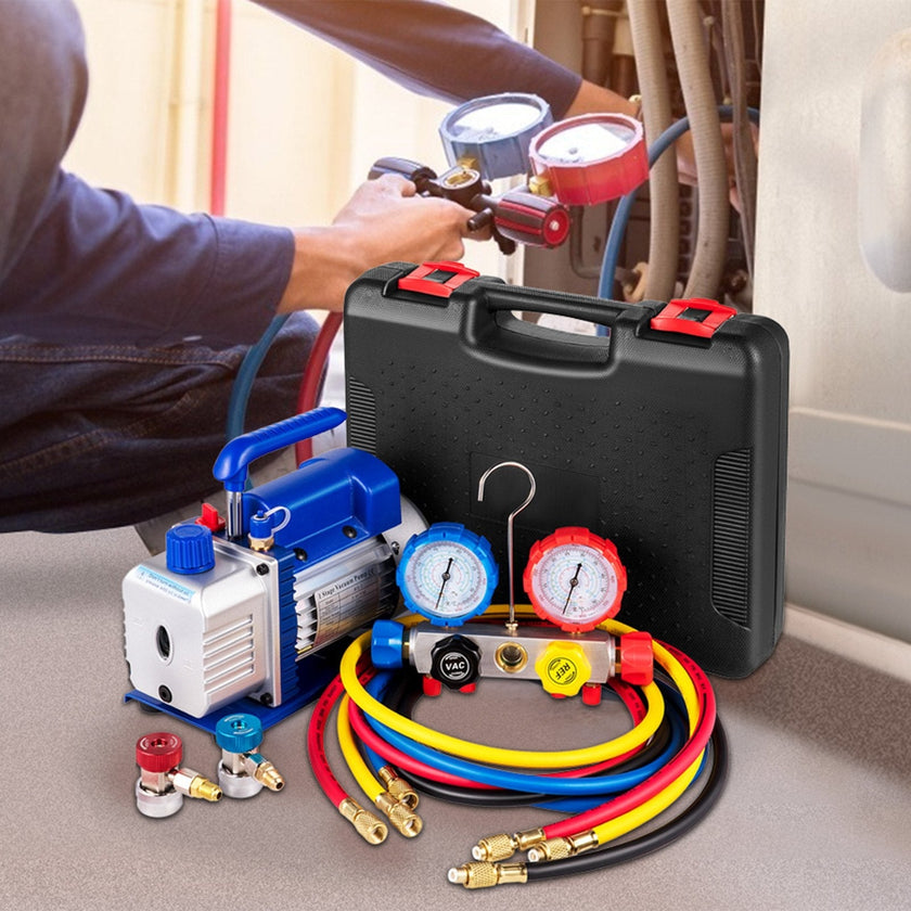 VEVOR Vacuum Pump 4.8CFM 1/4 HP Single Stage HVAC A/C Refrigeration Kit 5PA Ultimate Vacuum Manifold Gauge Set R410A R134A R22 HVAC AC, 4-Way Manifold Gauge and Hose for Air Conditioning Systems