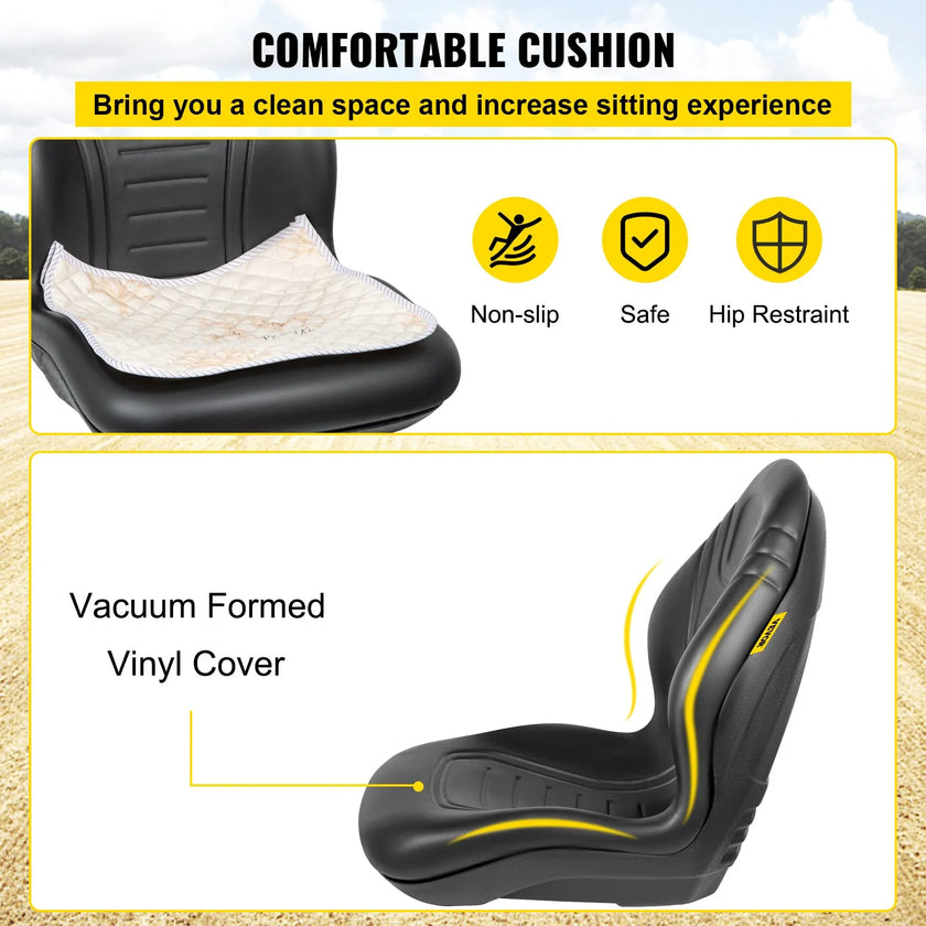 VEVOR Universal Tractor Seat Replacement, Compact High Back Mower Seat Pair, Black Vinyl Forklift Seat, Central Drain Hole Skid Steer Seat with Mounting Bolt Patterns of 8