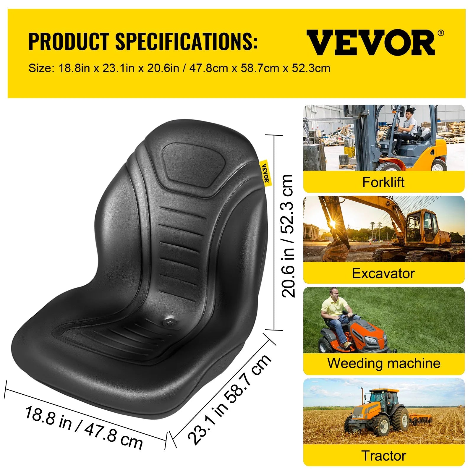 VEVOR Universal Tractor Seat Replacement, Compact High Back Mower Seat Pair, Black Vinyl Forklift Seat, Central Drain Hole Skid Steer Seat with Mounting Bolt Patterns of 8