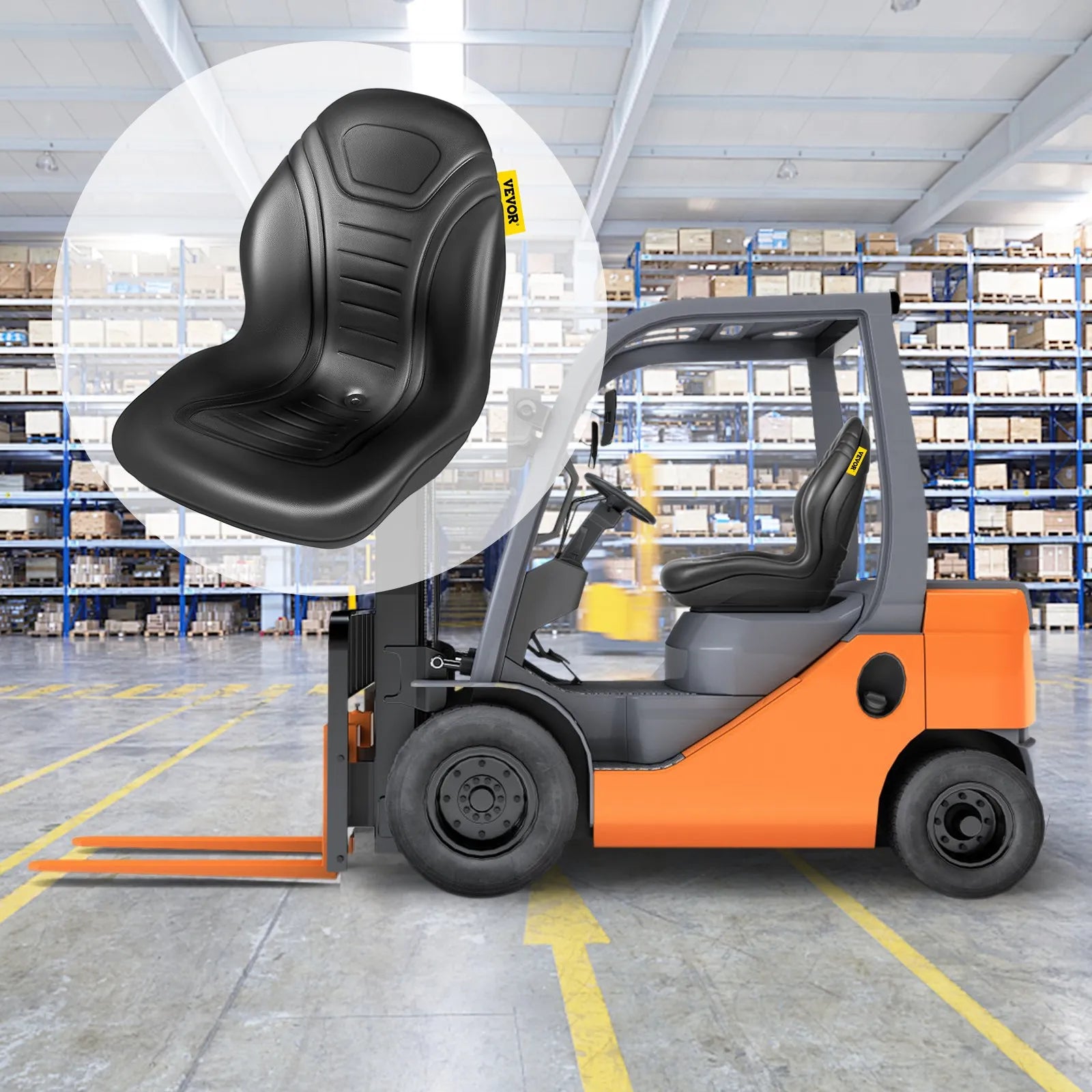 VEVOR Universal Tractor Seat Replacement, Compact High Back Mower Seat Pair, Black Vinyl Forklift Seat, Central Drain Hole Skid Steer Seat with Mounting Bolt Patterns of 8