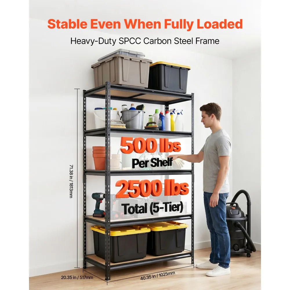 5-Tier Adjustable Storage Shelves, 2500 lb Capacity Heavy-Duty Garage Shelving Unit, Metal Utility Storage Rack with Adjustable Shelves, 40.35