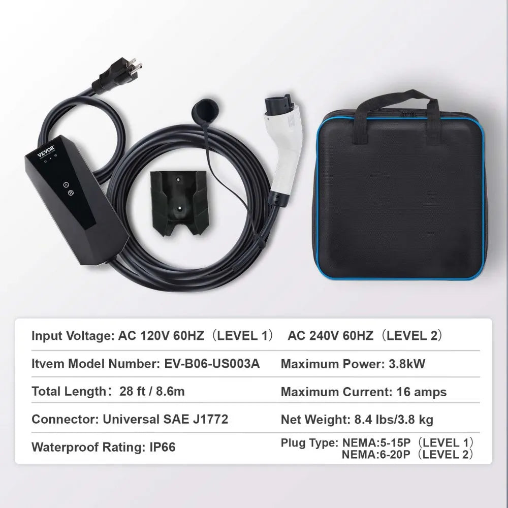 VEVOR Level 1+2 Portable EV Charger, 16 Amp 120V or 240V, Electric Vehicle Charger with 28-Foot Charging Cable NEMA 6-20P Plug NEMA 5-15 Adapter, Plug-in Home EV Charging Station for SAE J1772 EVs