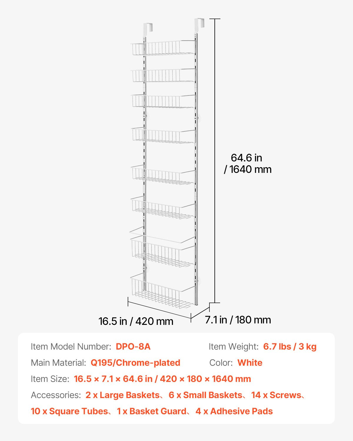 VEVOR 8-Tier Over the Door Pantry Organizer Hanging Storage Rack Adjustable