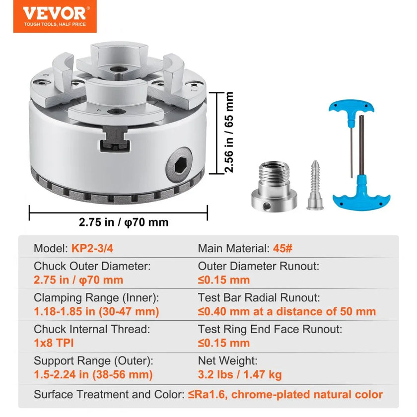 VEVOR KP2-3/4 Lathe Chuck, 4-Jaw 2.75
