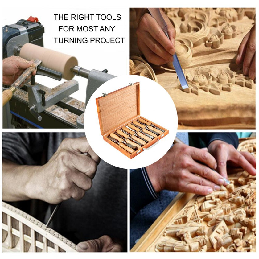 VEVOR Woodworking 12pcs Lathe Chisel?Wood Carving Hand Chisel 3-3/4Inch Blade Length, Wood Turning Tools with Wooden Storage Case, for Wood Carving Root Carving Furniture Carving Lathes