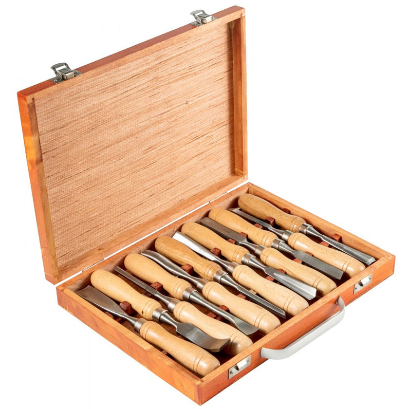VEVOR Woodworking 12pcs Lathe Chisel?Wood Carving Hand Chisel 3-3/4Inch Blade Length, Wood Turning Tools with Wooden Storage Case, for Wood Carving Root Carving Furniture Carving Lathes