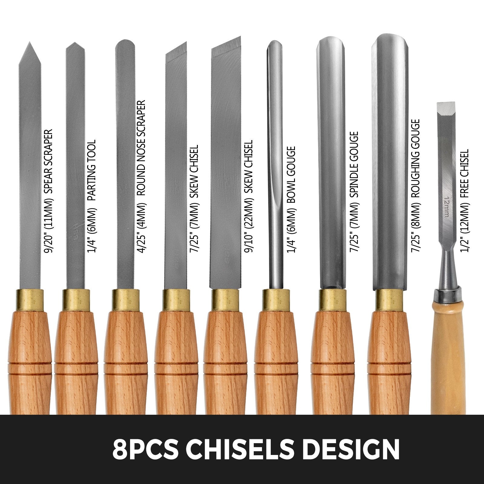 VEVOR Lathe Chisel 8 Piece Wood Lathe Chisel Cutting Carving HSS Steel Blades Wood Turning Tools Lathe Chisel Set  Wooden Case for Storage for Wood Turning Hardwood One Free Chisel