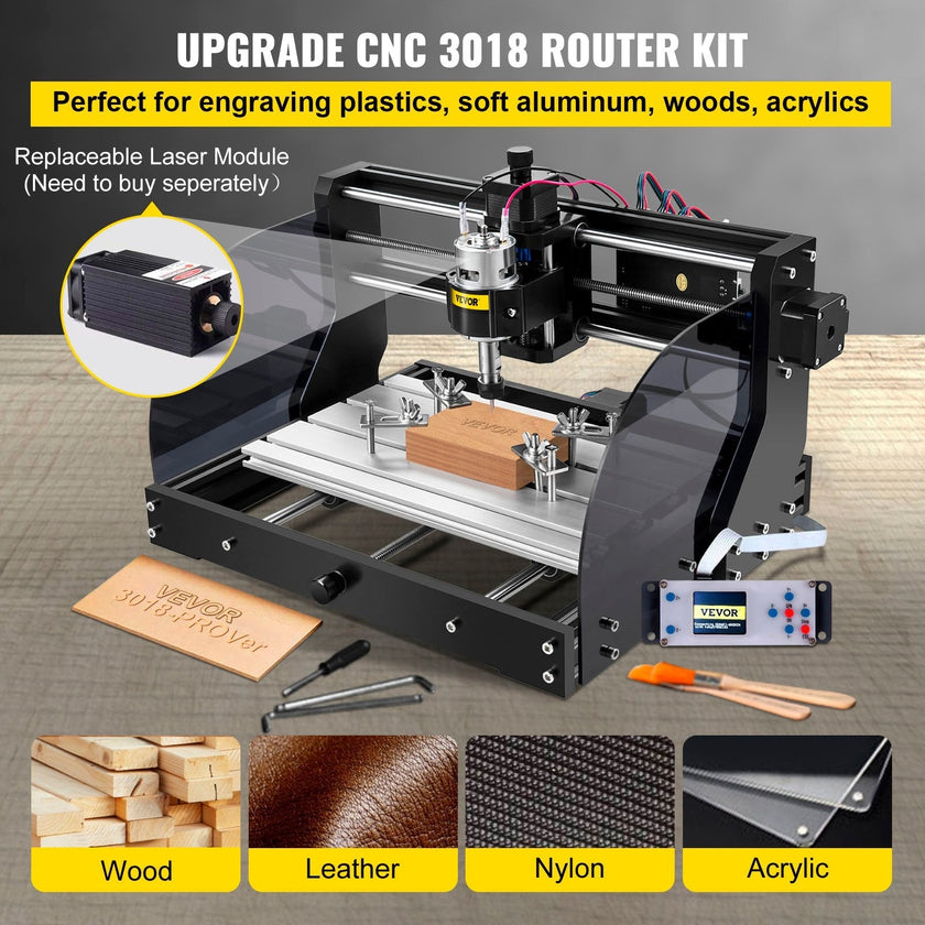 VEVOR CNC Router Machine 3018 CNC 3018-PRO 3 Axis PCB Milling Machine Wood Router Engraver GRBL Control DIY Engraving CNC Machine with Offline Controller and ER11 and 5mm Extension Rod(300x180x45mm)
